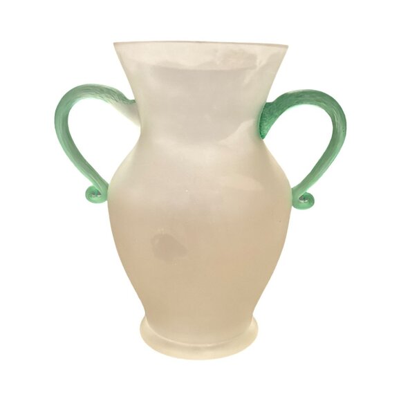 Vintage Frosted Glass Vase With Green Twisted Handles - Picture 2 of 12